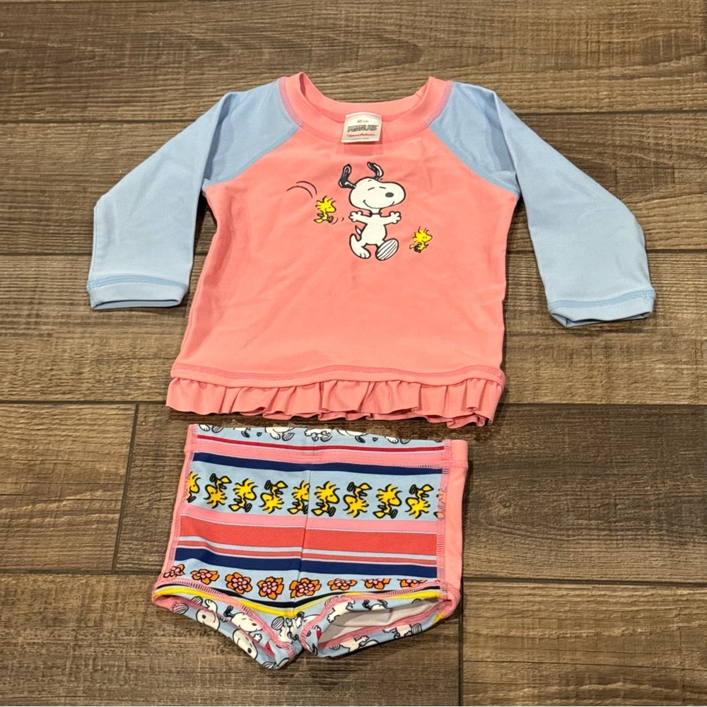 Hanna Andersson Baby Girl Snoopy Swimsuit Shirt Size 3-6 Months Pink Ruffle